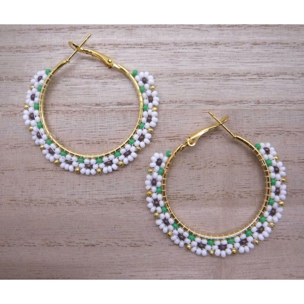Earrings Beaded White Floral Pattern